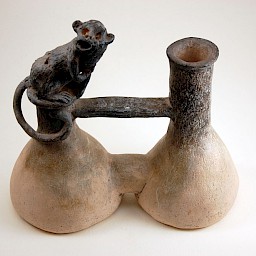 Peruvian-style Whistling Double Jar with Monkey, 8.6" x 7.75"