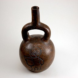 Peruvian Mochica-style Stirrup Spout Jug with Incised Owl, 4.25" x 8"